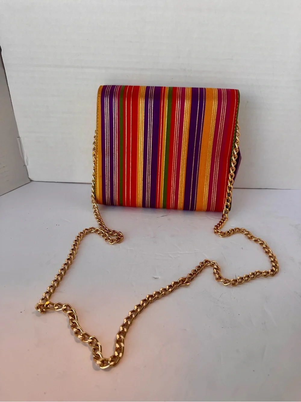 Vintage Timothy Hitsman Striped Evening Bag Convertible Clutch Gold Chain